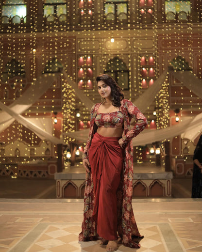 Marron Draped Knotted Skirt Blouse and Shrug With Print Party Wear Suits