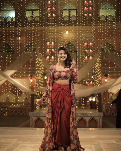 Marron Draped Knotted Skirt Blouse and Shrug With Print Party Wear Suits