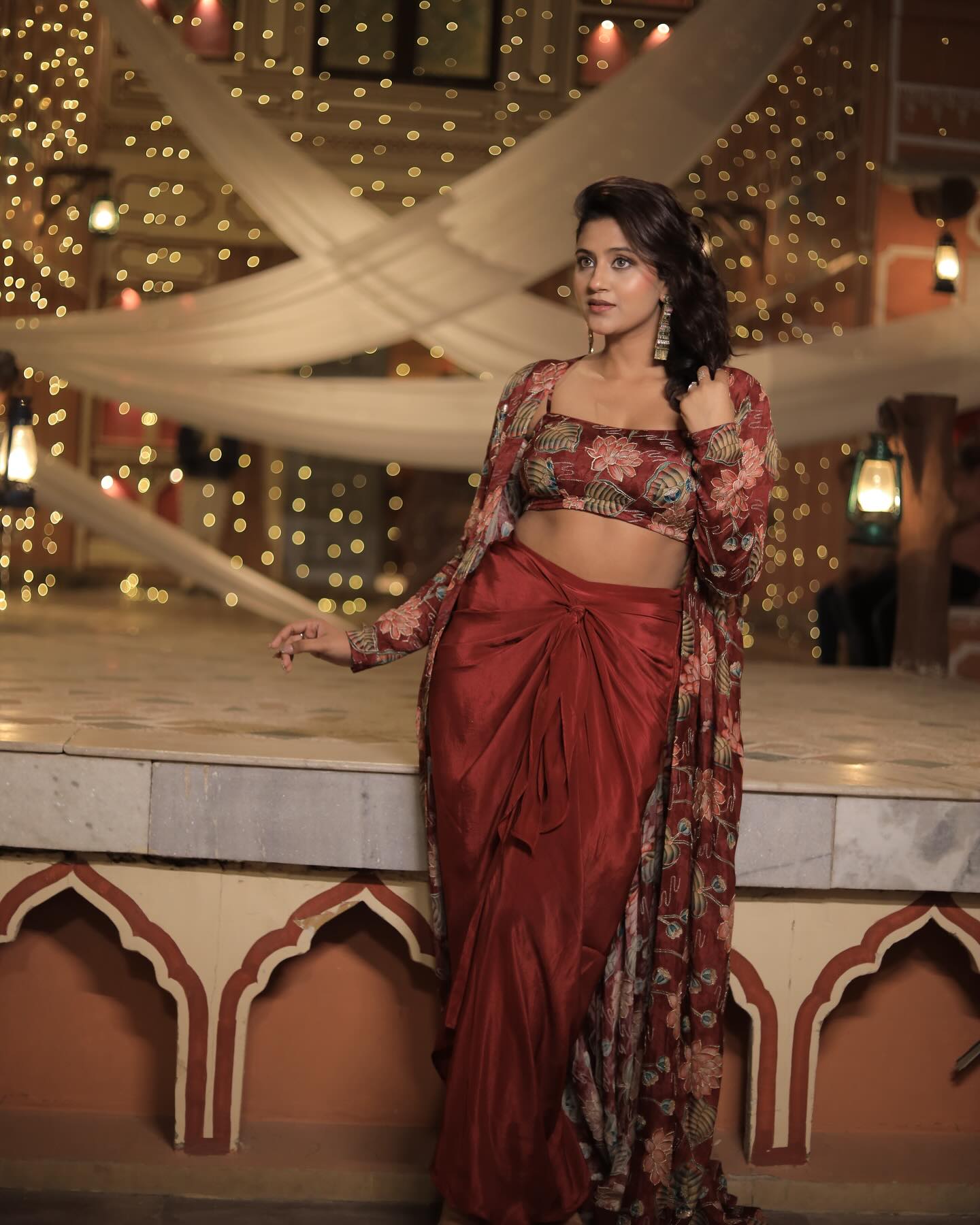 Marron Draped Knotted Skirt Blouse and Shrug With Print Party Wear Suits