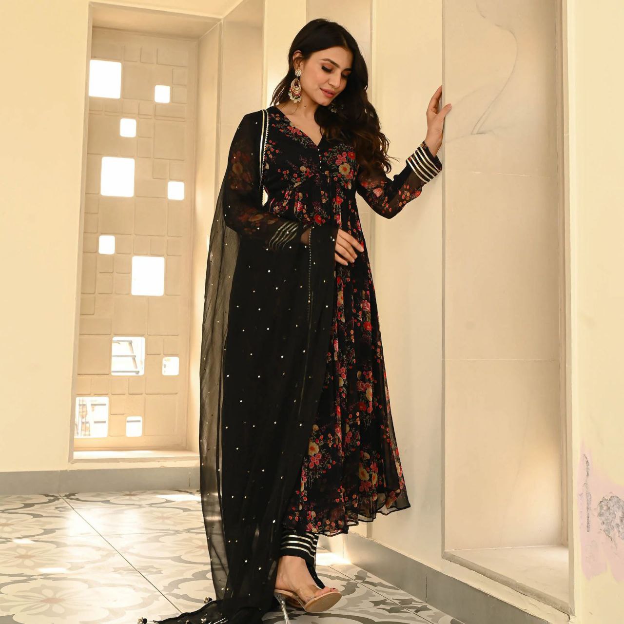 Black Color Georgette Printed Anarkali Suit