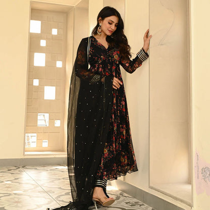 Black Color Georgette Printed Anarkali Suit
