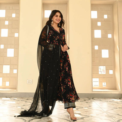 Black Color Georgette Printed Anarkali Suit