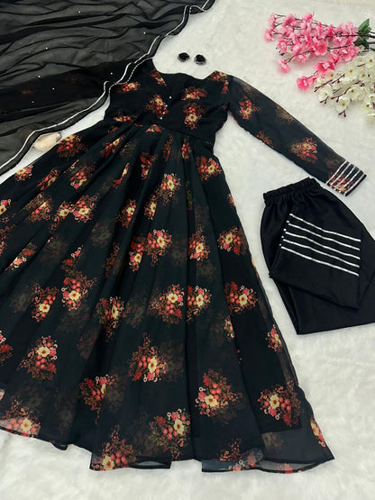 Black Color Georgette Printed Anarkali Suit
