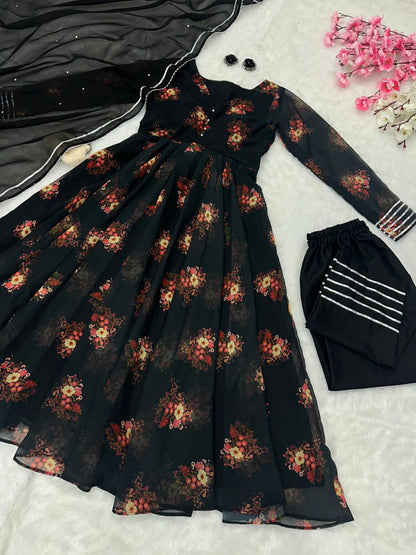 Black Color Georgette Printed Anarkali Suit
