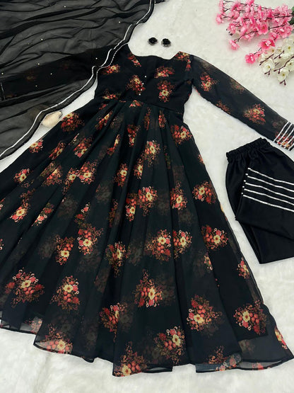 Black Color Georgette Printed Anarkali Suit