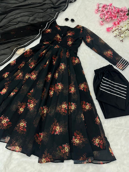 Black Color Georgette Printed Anarkali Suit