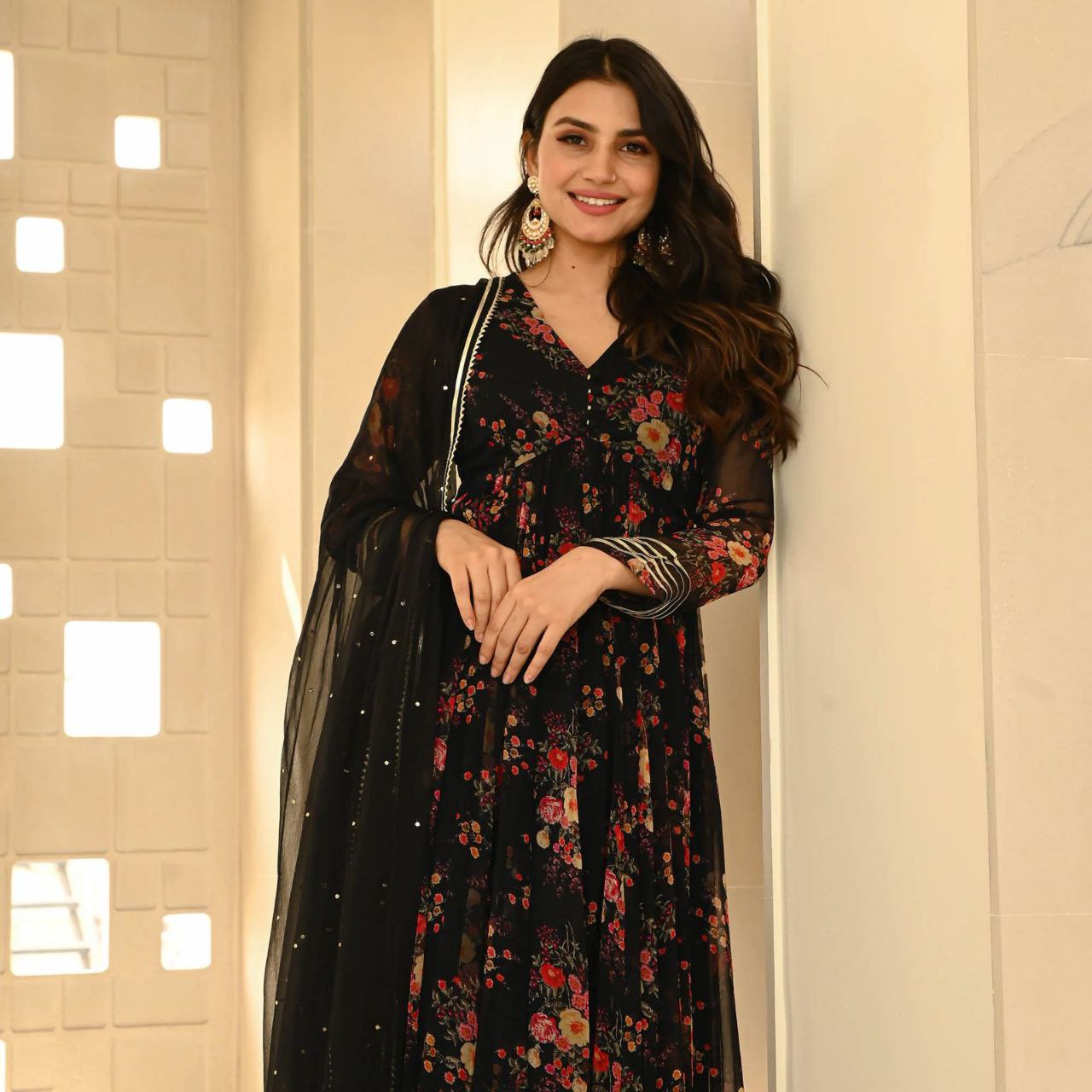 Black Color Georgette Printed Anarkali Suit