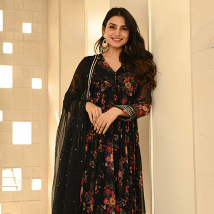 Black Color Georgette Printed Anarkali Suit