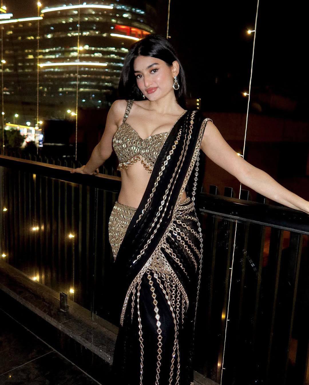 Black & Silver Mirror Work Pre-Draped  Lehenga Saree With Designer Blouse
