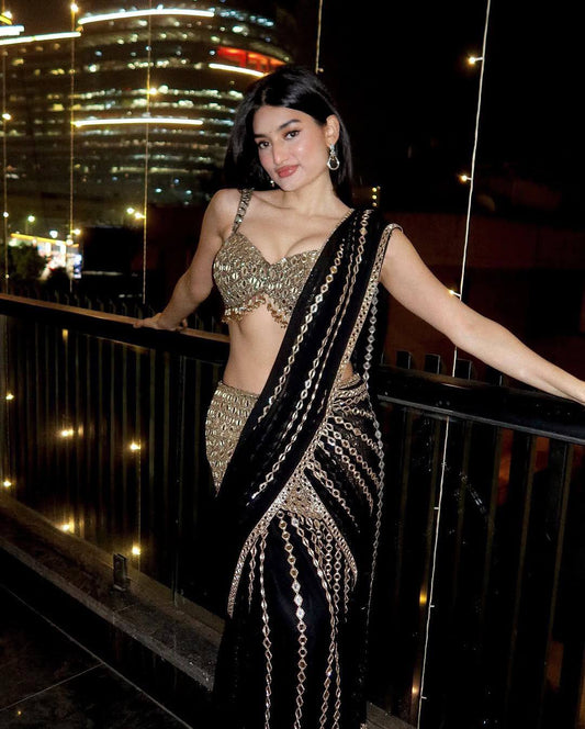 Black & Silver Mirror Work Pre-Draped  Lehenga Saree With Designer Blouse