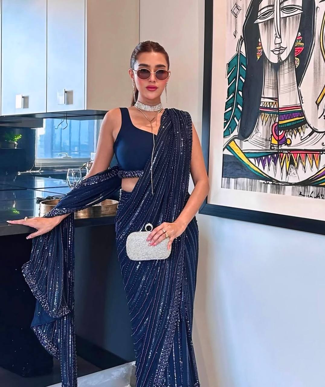 Navy Blue Georgette Sequin Saree - Party Wear