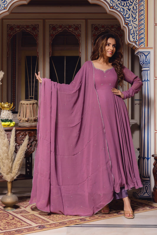 Dusty Pink Color Georgette  Anarkali Suit Set
