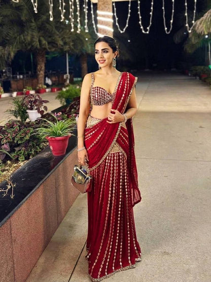 Black & Silver Mirror Work Pre-Draped  Lehenga Saree With Designer Blouse
