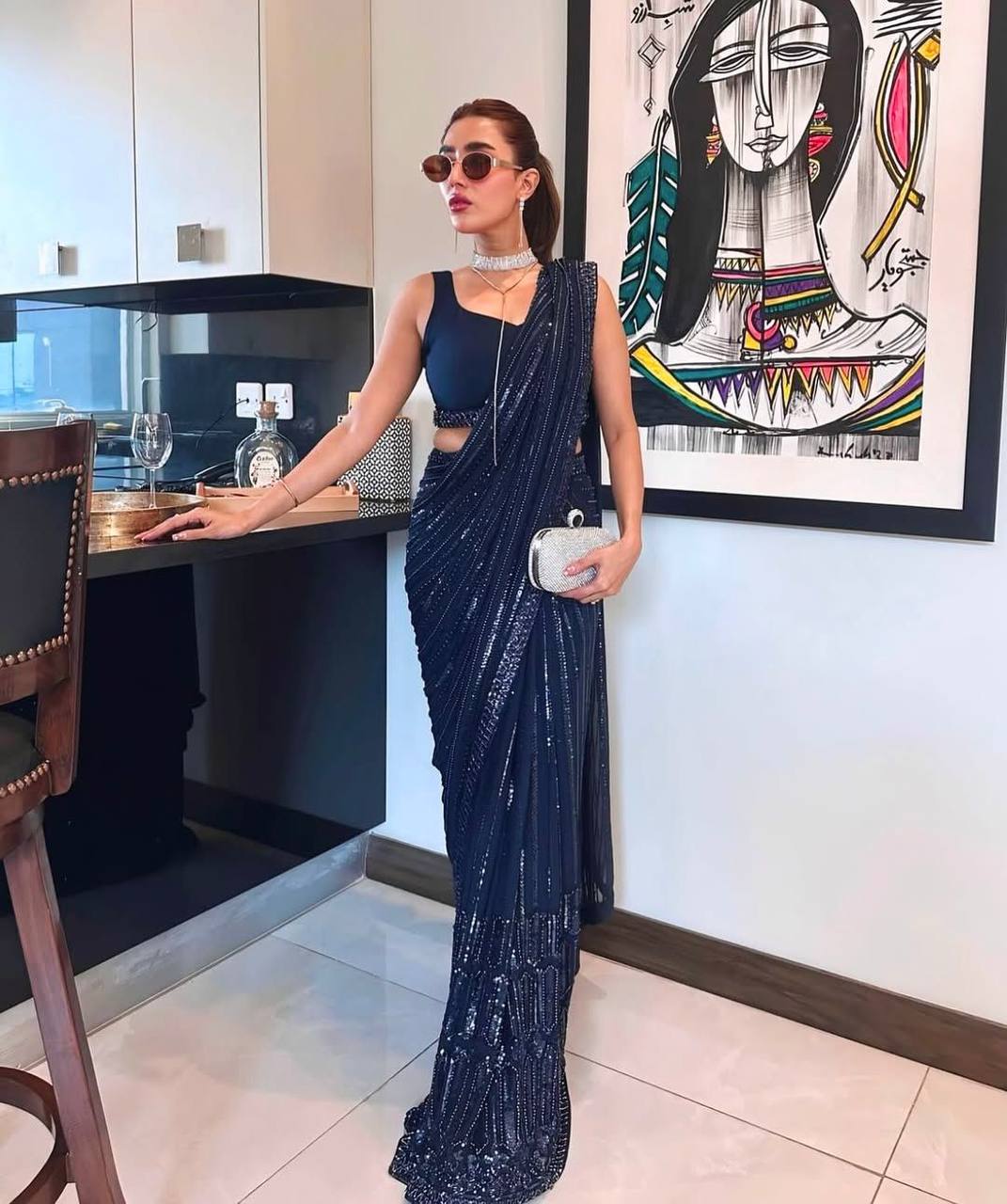 Navy Blue Georgette Sequin Saree - Party Wear