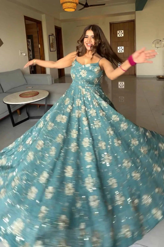 Teal Blue Heavy Crush Silk 4 Meter Flared  Anarkali Suit Set