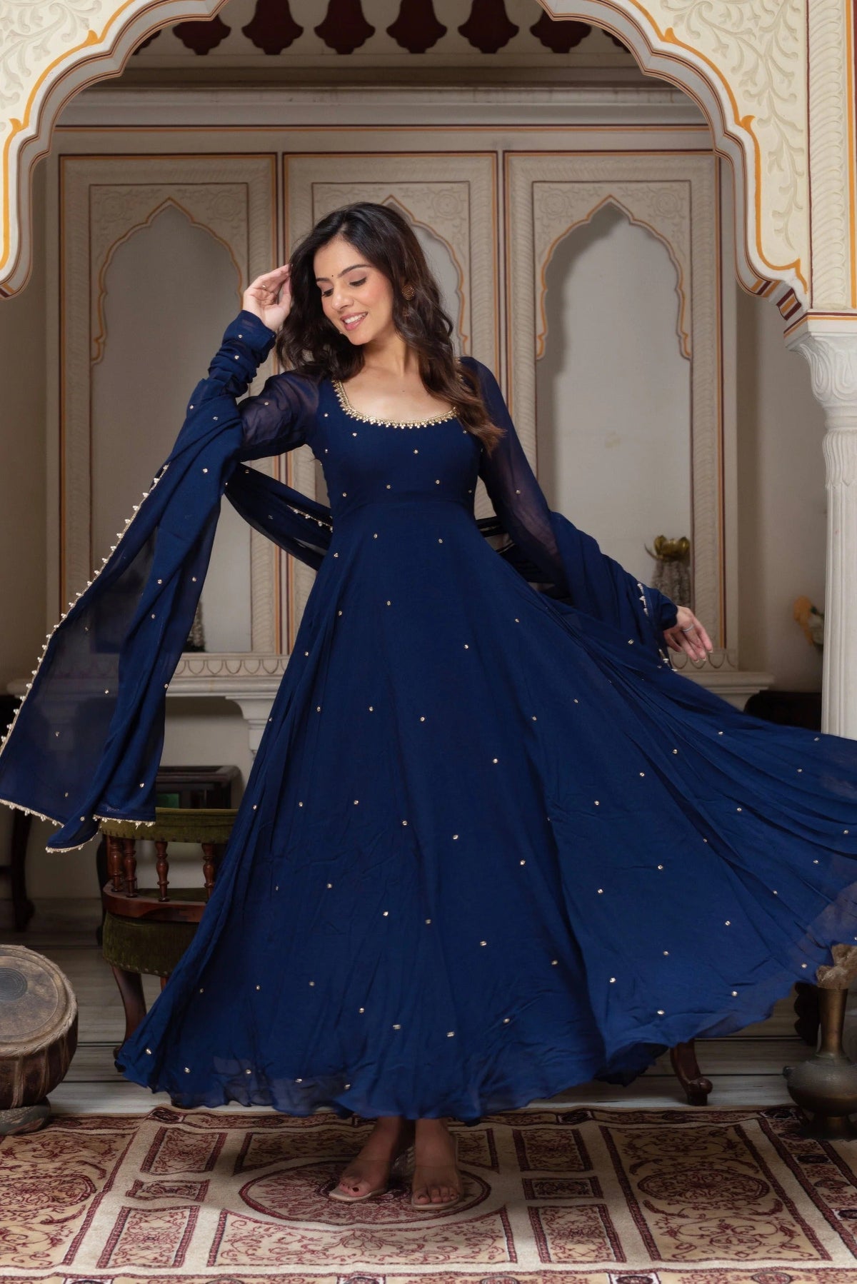 Royal Navy Blue Georgette Anarkali Suit With Pearl Embellishments & Matching Dupatta