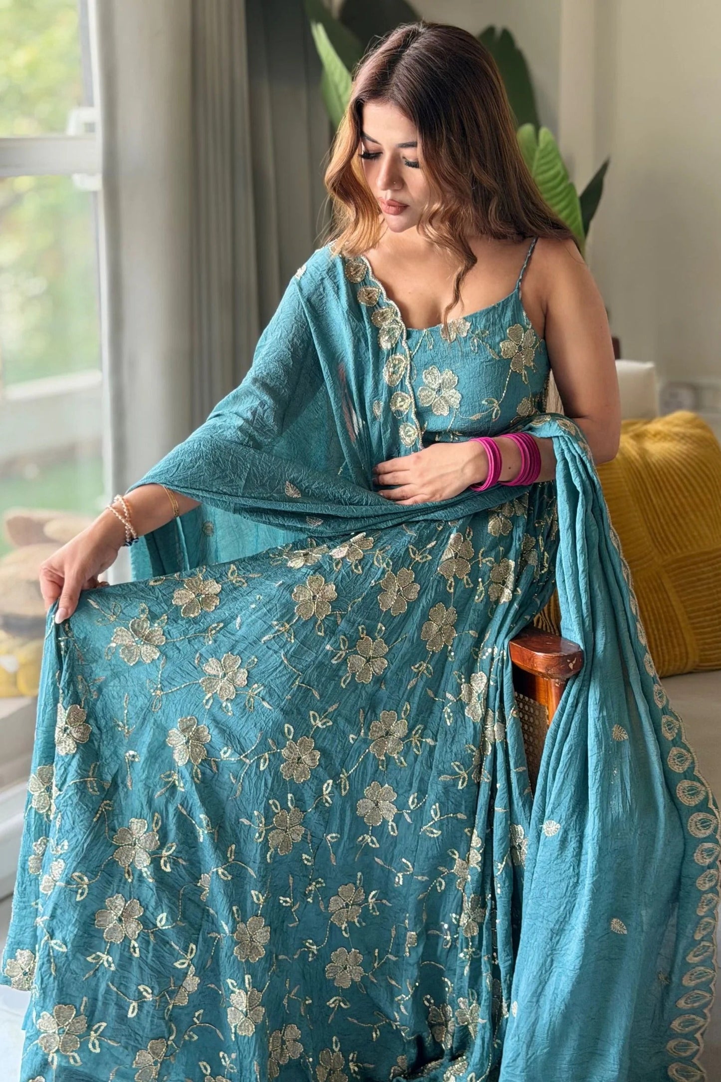 Teal Blue Heavy Crush Silk 4 Meter Flared  Anarkali Suit Set