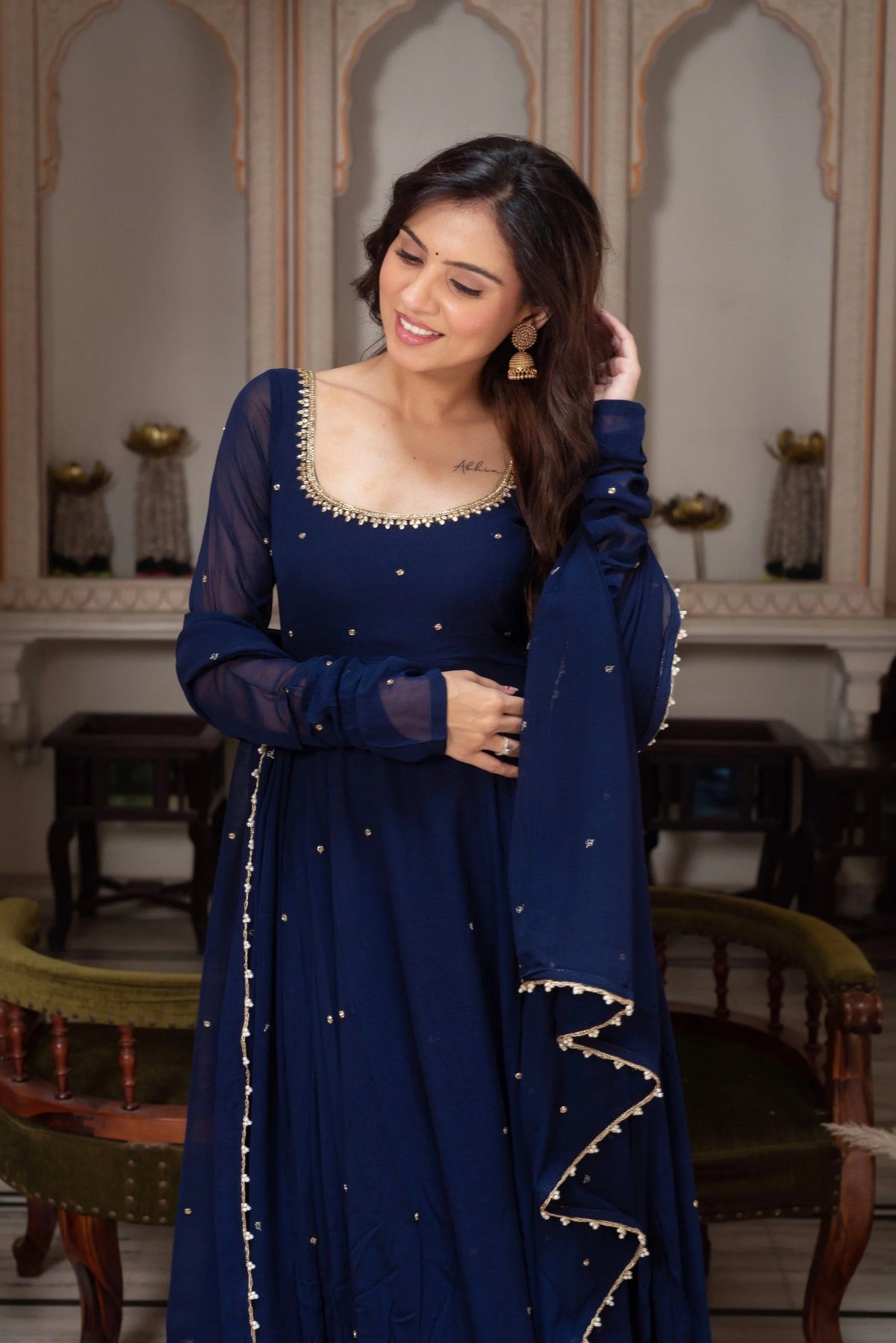 Royal Navy Blue Georgette Anarkali Suit With Pearl Embellishments & Matching Dupatta