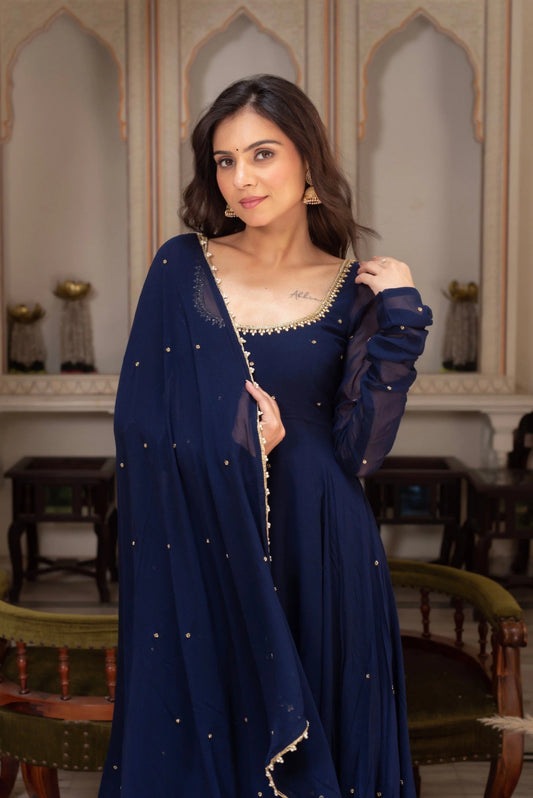 Royal Navy Blue Georgette Anarkali Suit With Pearl Embellishments & Matching Dupatta