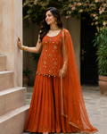 Women's Rust Orange Georgette Sharara Suit Set with Floral Embroidery & Dupatta