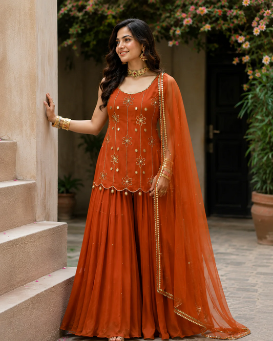Women's Rust Orange Georgette Sharara Suit Set with Floral Embroidery & Dupatta