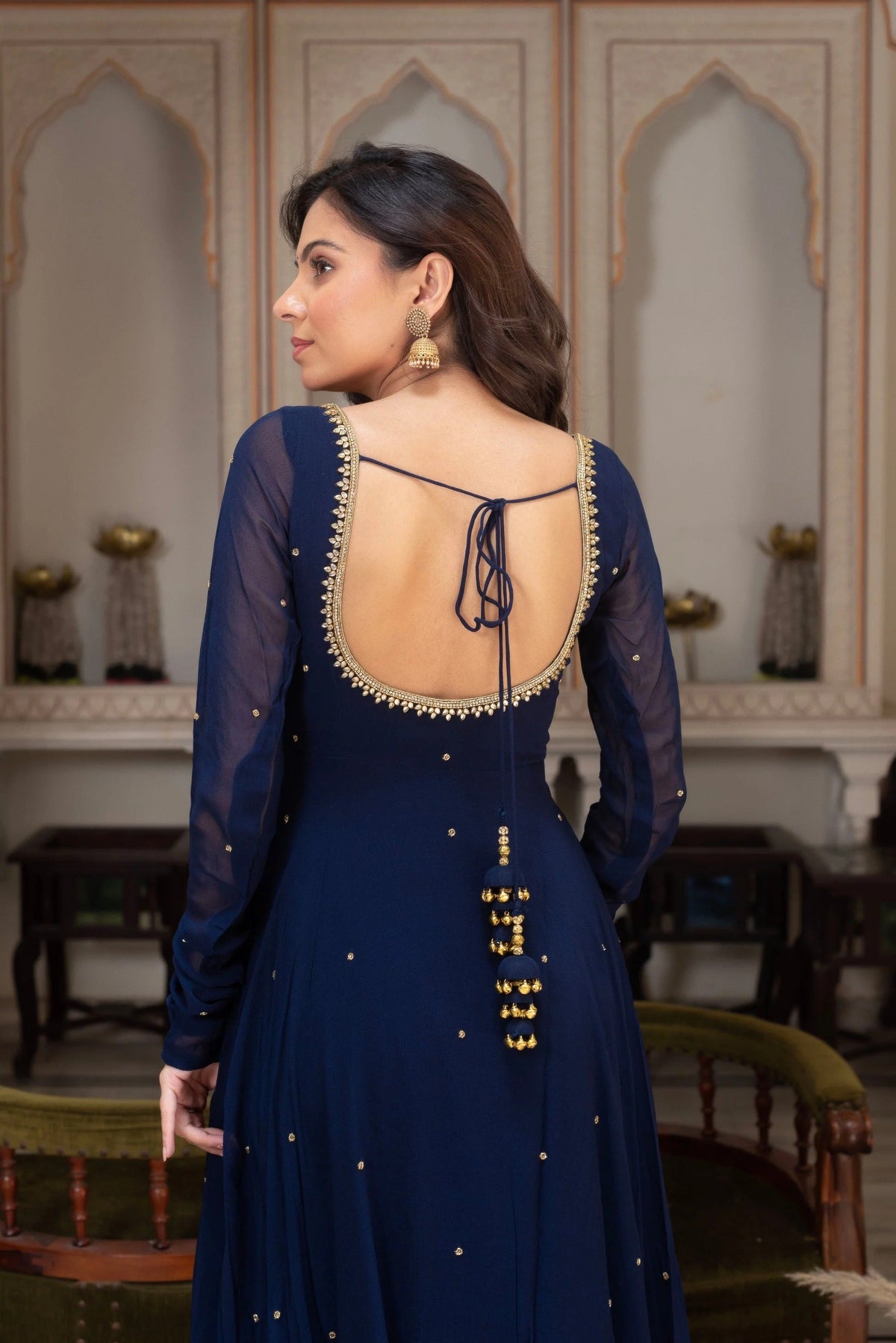 Royal Navy Blue Georgette Anarkali Suit With Pearl Embellishments & Matching Dupatta