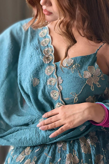 Teal Blue Heavy Crush Silk 4 Meter Flared  Anarkali Suit Set
