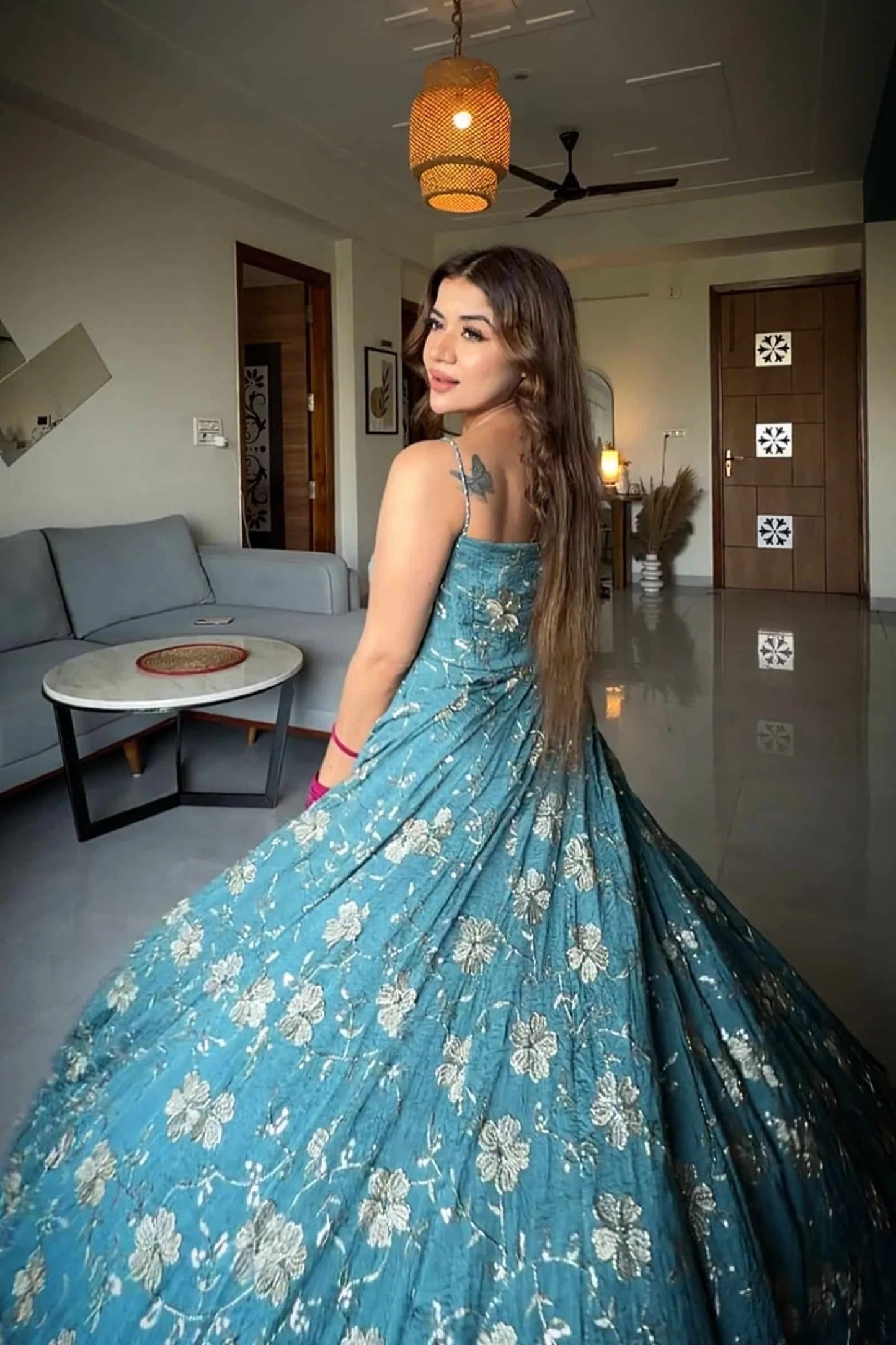 Teal Blue Heavy Crush Silk 4 Meter Flared  Anarkali Suit Set