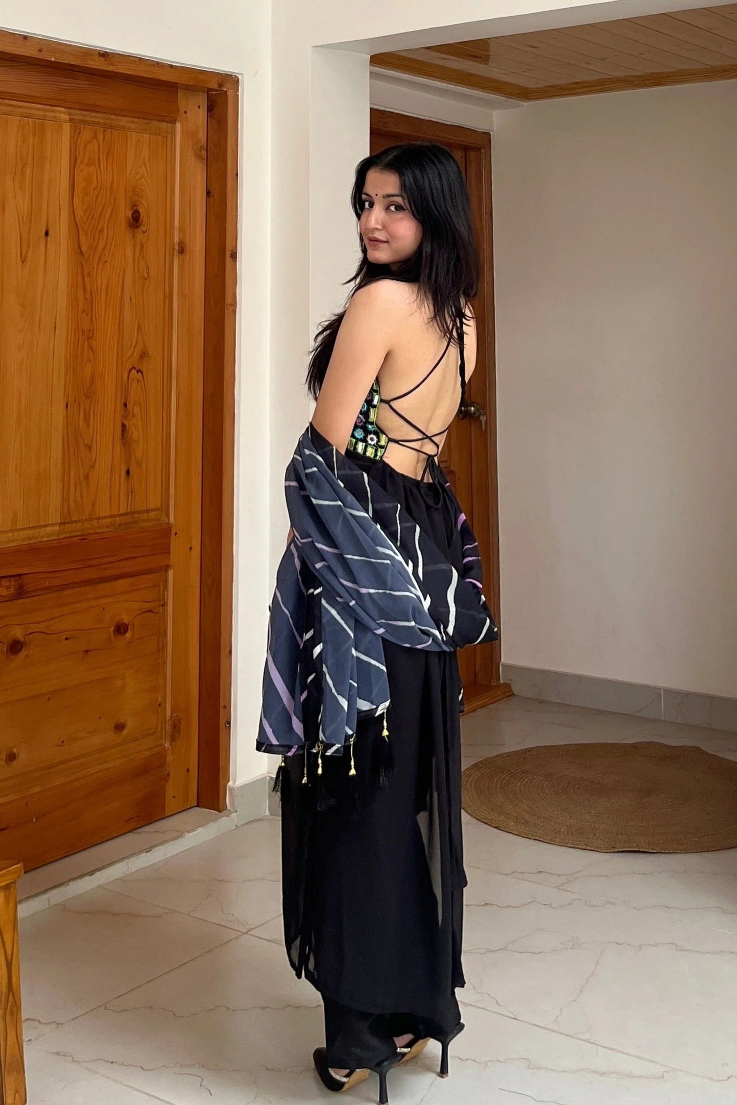 Party Wear  Black Faux Georgette Mirror Work Kurta Pant Set