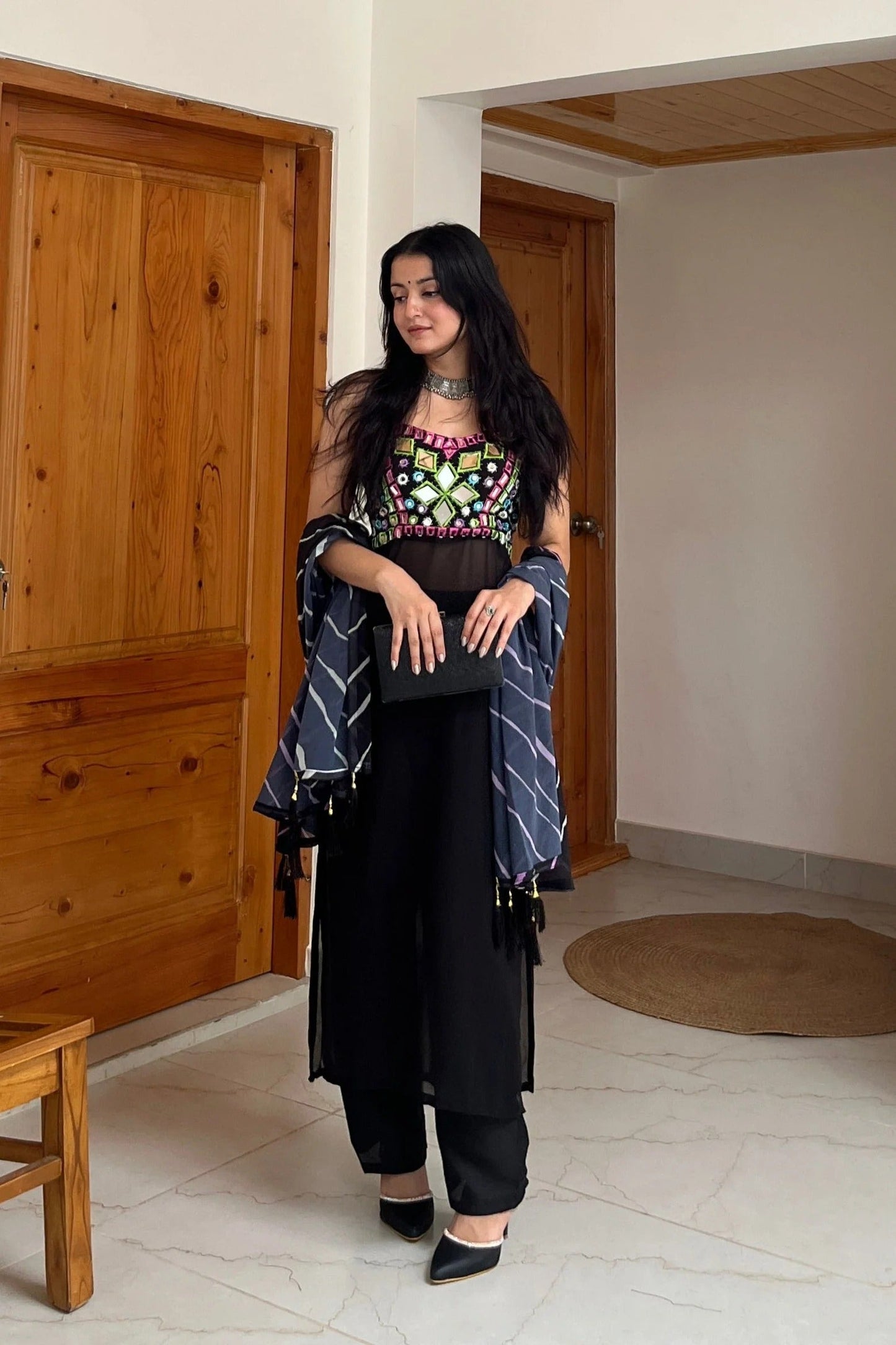Party Wear  Black Faux Georgette Mirror Work Kurta Pant Set
