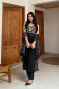 Party Wear  Black Faux Georgette Mirror Work Kurta Pant Set