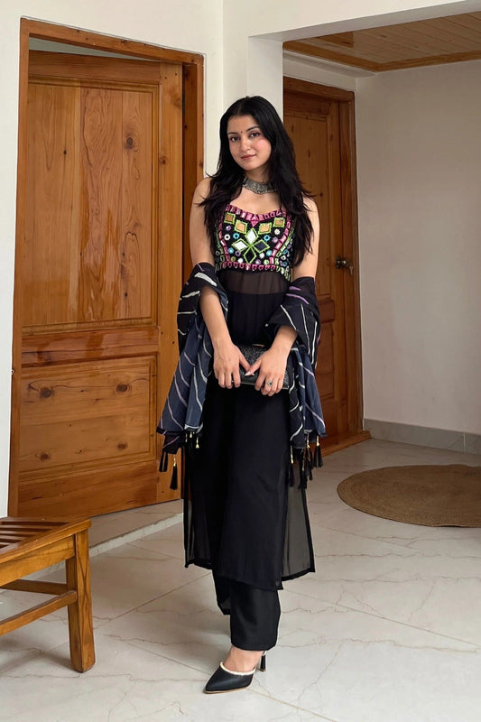 Party Wear  Black Faux Georgette Mirror Work Kurta Pant Set