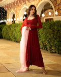 Royal Rust Red Georgette Anarkali Suit Set With Matching Dupatta & Elegant Embellishments