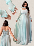 Aqua Blue Designer Chinon Gown Embllished With Delicate Rhinestones