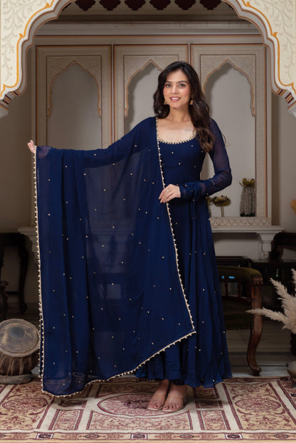 Royal Navy Blue Georgette Anarkali Suit With Pearl Embellishments & Matching Dupatta