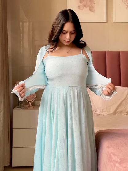 Aqua Blue Designer Chinon Gown Embllished With Delicate Rhinestones
