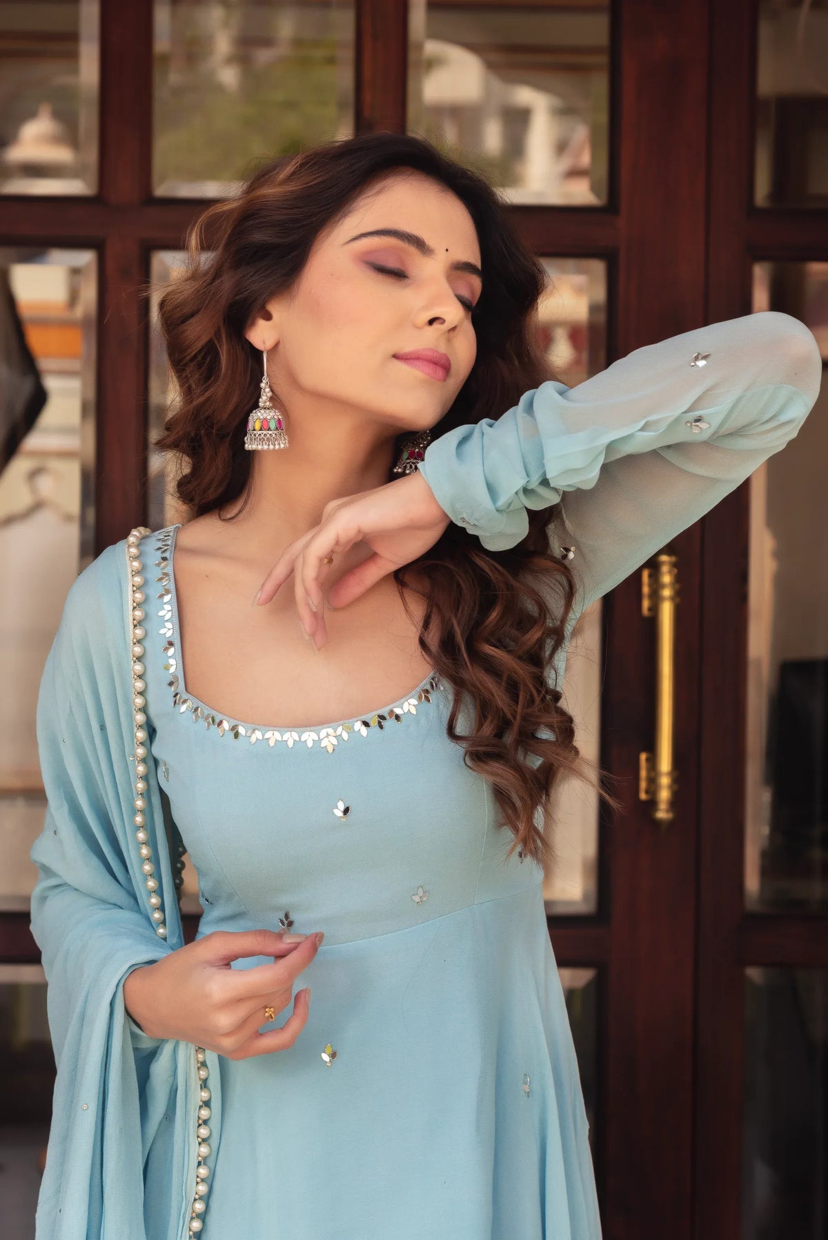 Sky Blue Elegant  Anarkali Gown With Embellished Work-Designer Party Wear Dress