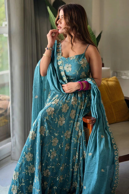 Teal Blue Heavy Crush Silk 4 Meter Flared  Anarkali Suit Set