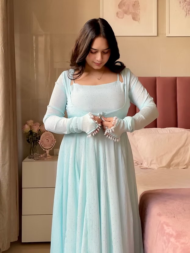 Aqua Blue Designer Chinon Gown Embllished With Delicate Rhinestones