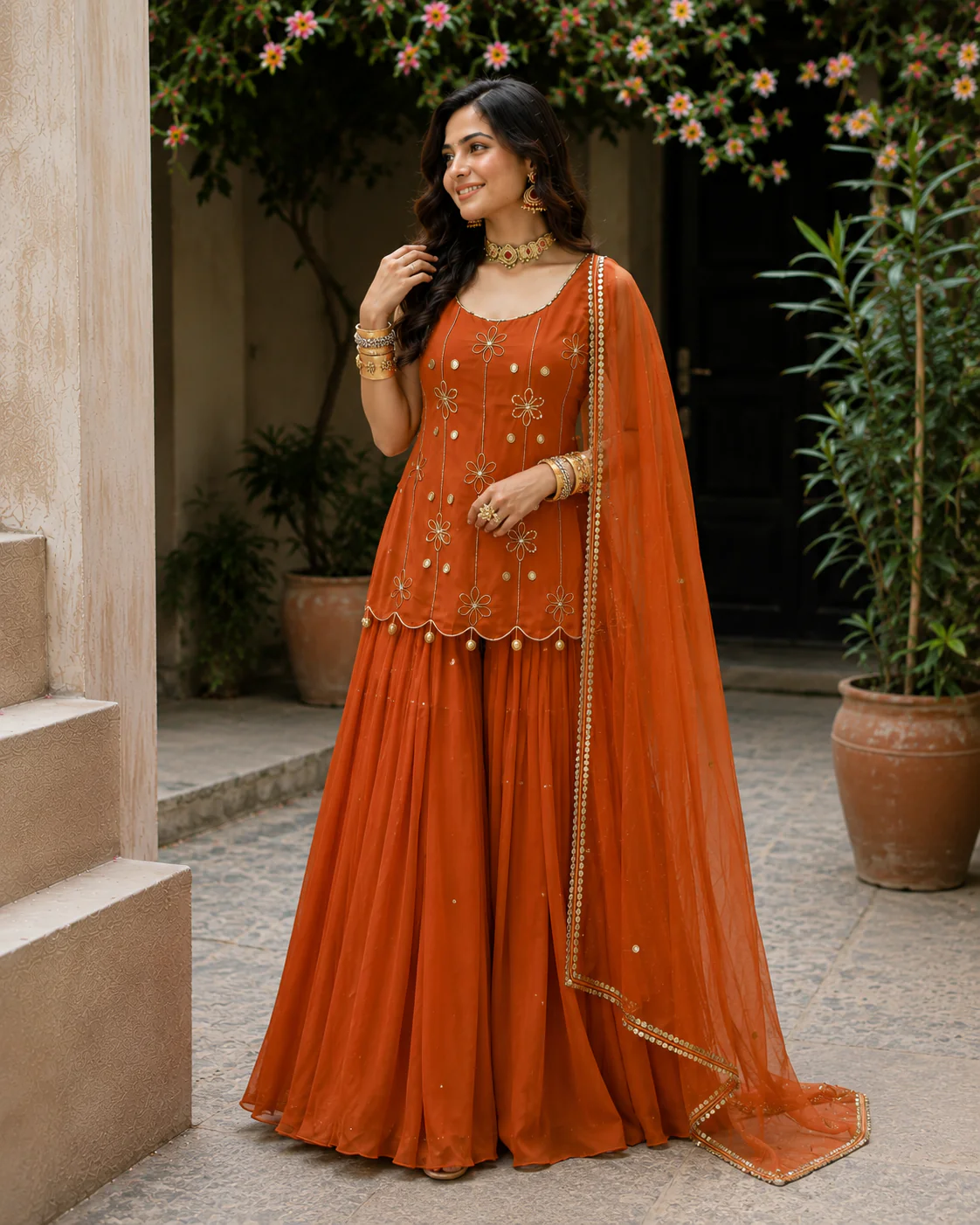Women's Rust Orange Georgette Sharara Suit Set with Floral Embroidery & Dupatta