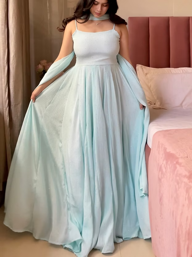 Aqua Blue Designer Chinon Gown Embllished With Delicate Rhinestones