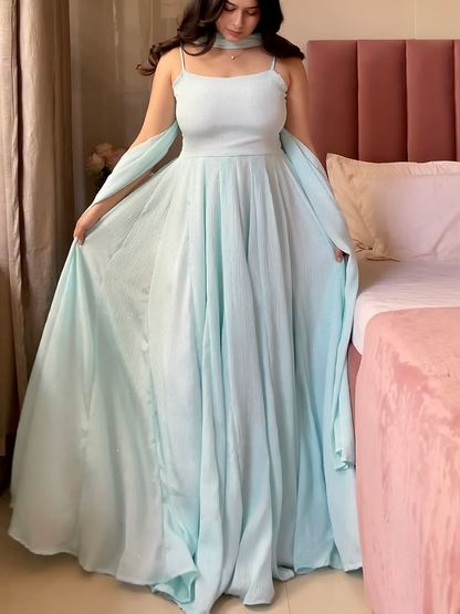 Aqua Blue Designer Chinon Gown Embllished With Delicate Rhinestones
