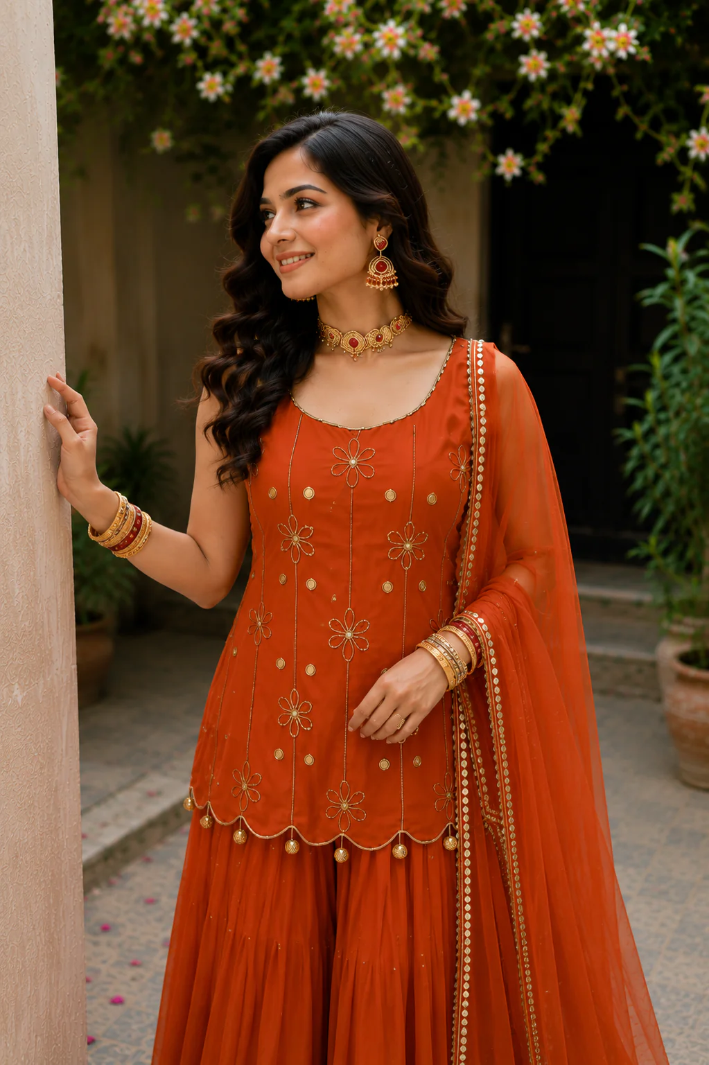Women's Rust Orange Georgette Sharara Suit Set with Floral Embroidery & Dupatta