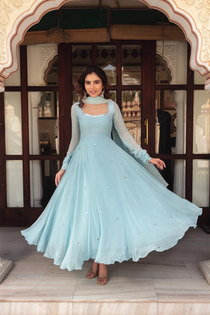 Sky Blue Elegant  Anarkali Gown With Embellished Work-Designer Party Wear Dress