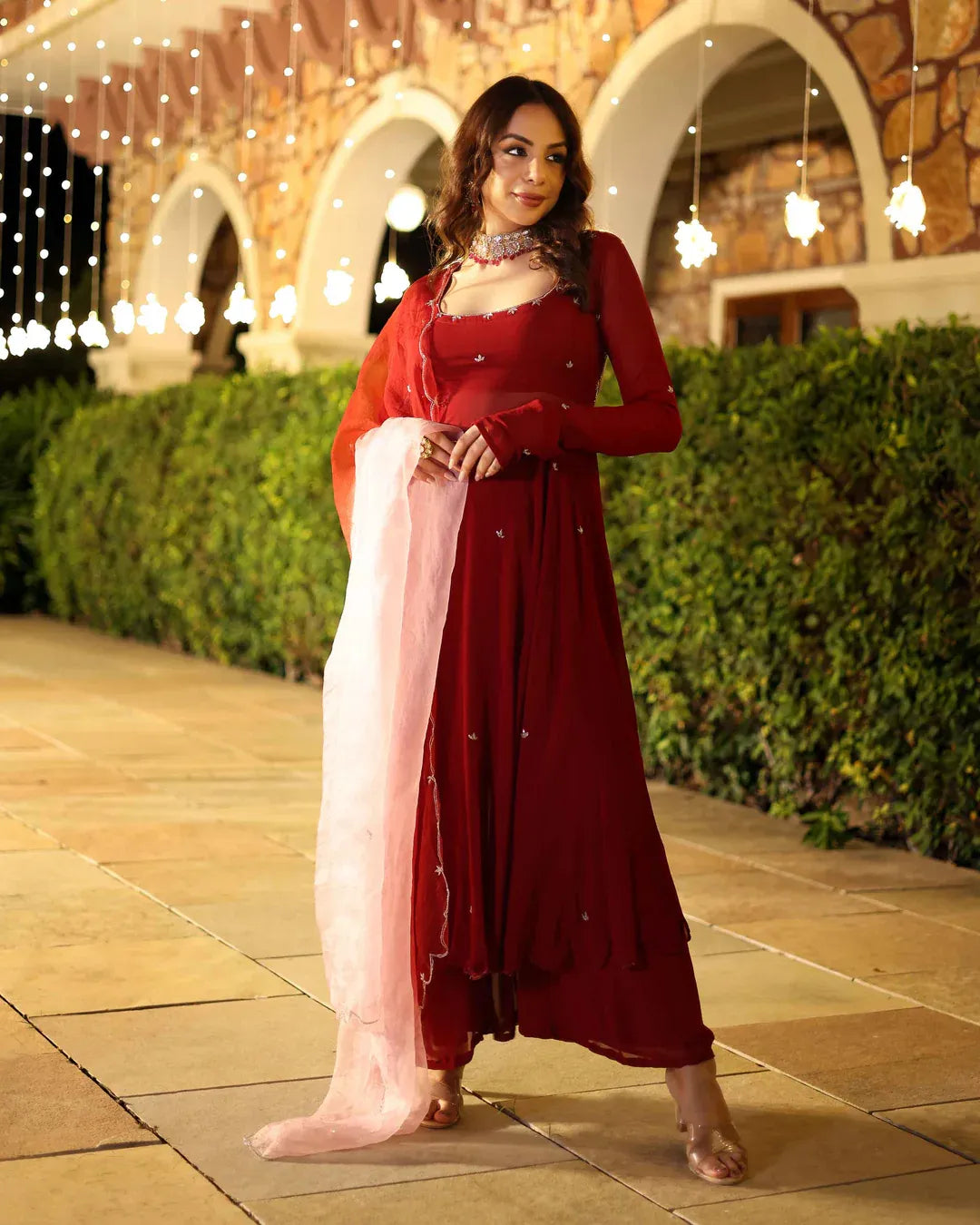 Royal Rust Red Georgette Anarkali Suit Set With Matching Dupatta & Elegant Embellishments