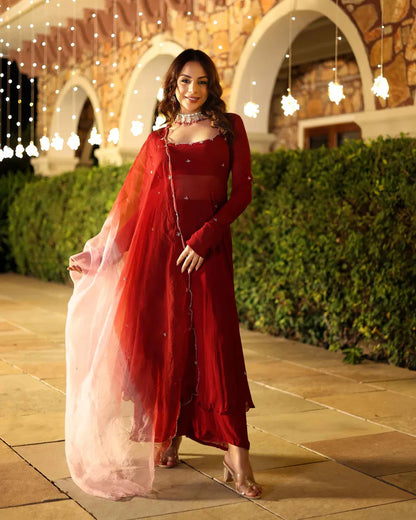 Royal Rust Red Georgette Anarkali Suit Set With Matching Dupatta & Elegant Embellishments