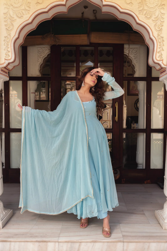 Sky Blue Elegant  Anarkali Gown With Embellished Work-Designer Party Wear Dress