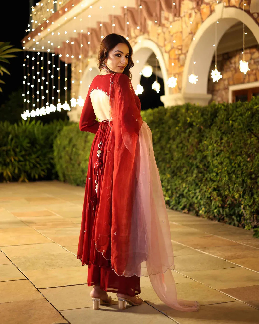 Royal Rust Red Georgette Anarkali Suit Set With Matching Dupatta & Elegant Embellishments