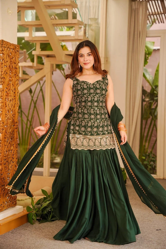 Designer Dark Green Georgette Sharara Suit with Heavy Embroidery