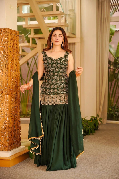Designer Dark Green Georgette Sharara Suit with Heavy Embroidery